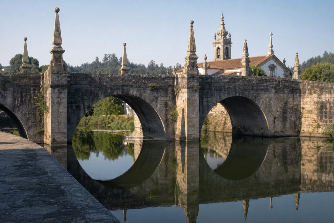 Three stone arches of the Sao Goncalo bridge reflected in the Tamega river with baroque spires above