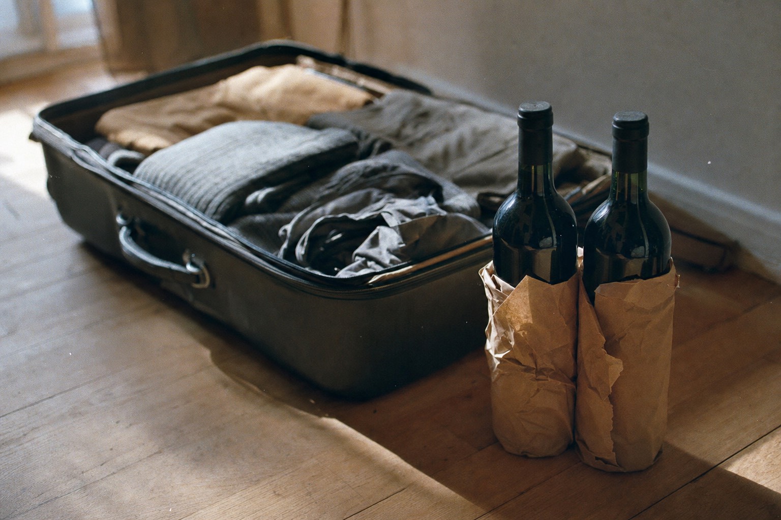 Unlabeled port bottles wrapped in paper standing beside an open suitcase on a wooden floor in warm light