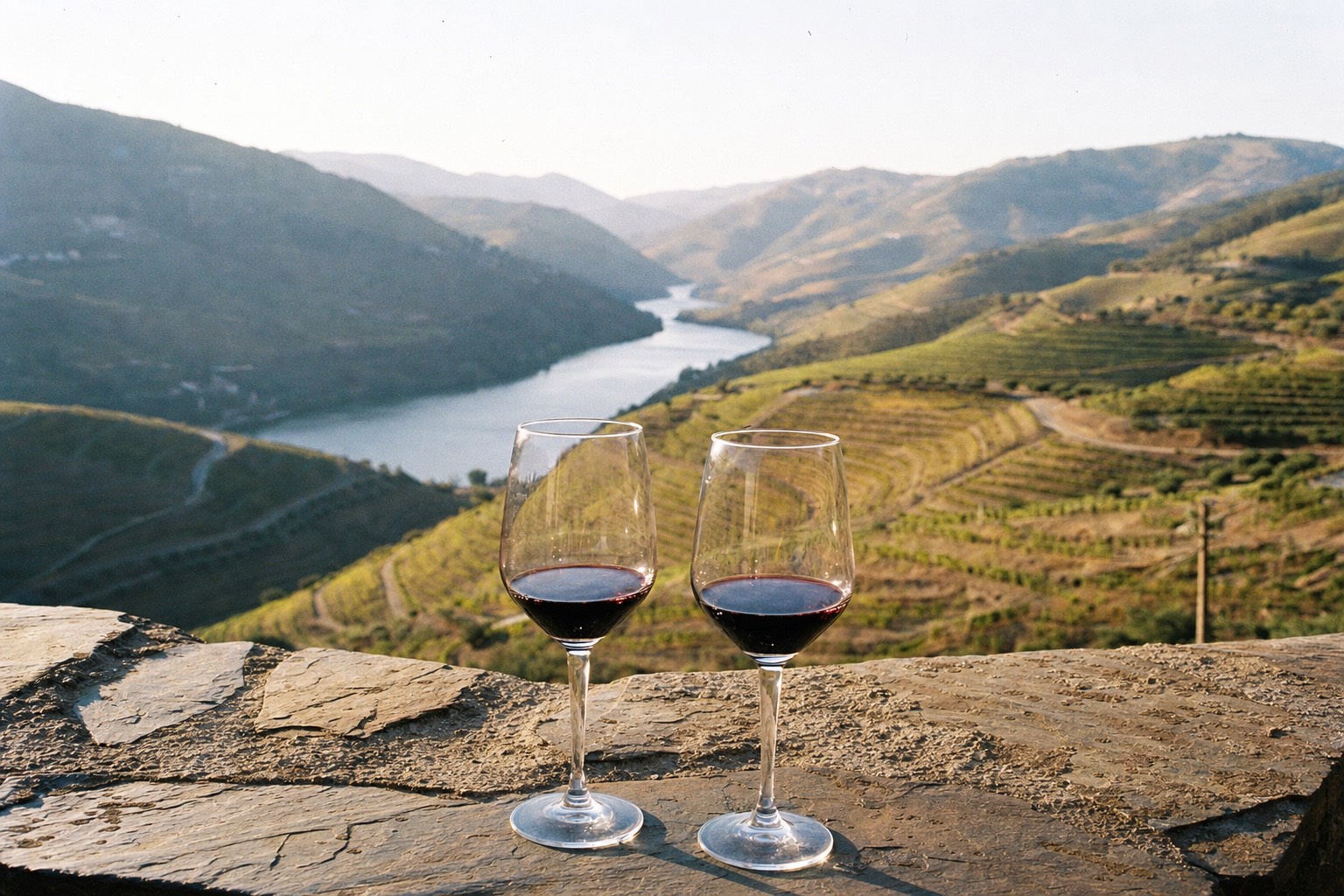 Two glasses of deep dry red wine on a stone wall above terraced Douro vineyards in warm afternoon light