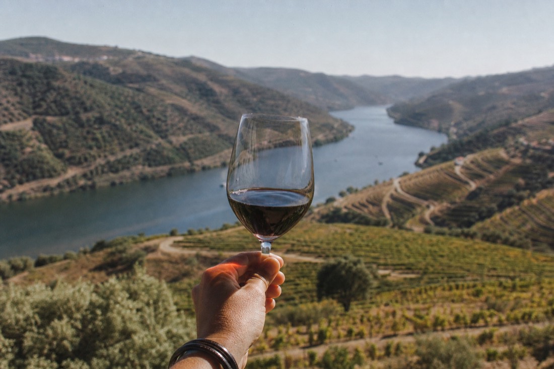 Glass of dark dry red wine held up against a backdrop of steep terraced vineyards falling to the river