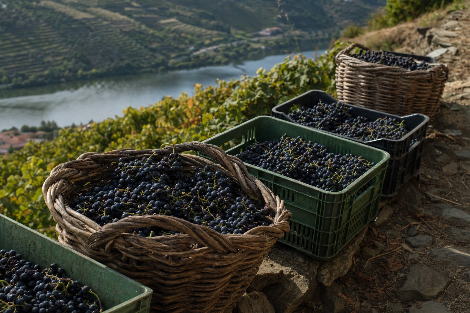 Baskets of dark harvested grapes resting on a schist terrace wall above the Douro river in September light