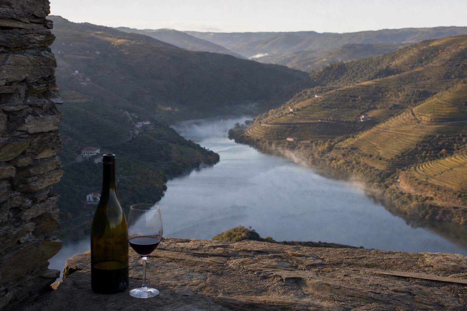 Morning light on the Douro river curving between terraced vineyards seen from a high viewpoint at the start of a day trip