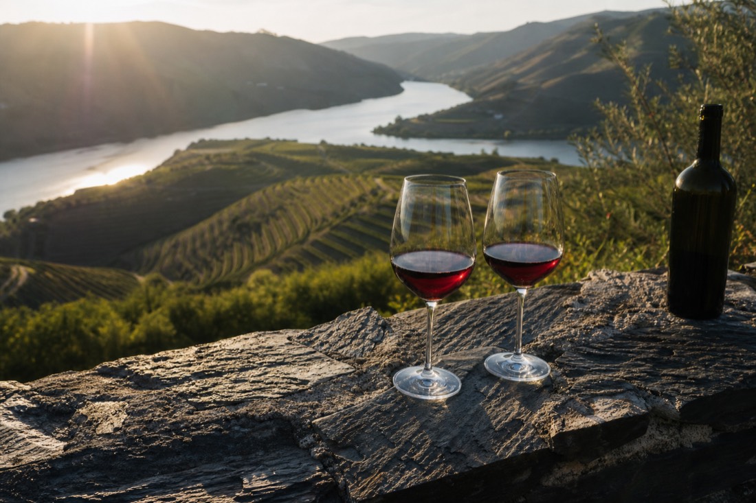 Two wine glasses on a stone wall at a quinta terrace overlooking terraced vineyards at the end of a day
