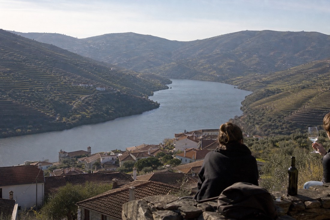 View from Casal de Loivos over the Douro river curving past Pinhao between amphitheater vineyard terraces