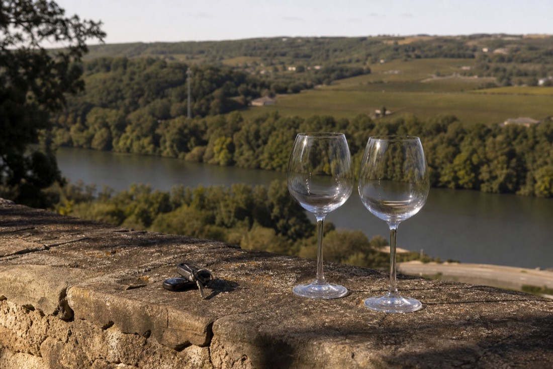 Empty tasting glasses on a stone terrace overlooking the river, a set of car keys resting beside them