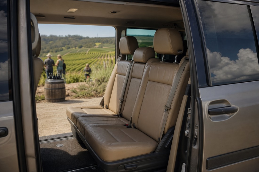 Row of empty leather van seats seen through an open sliding door with vineyards in the distance