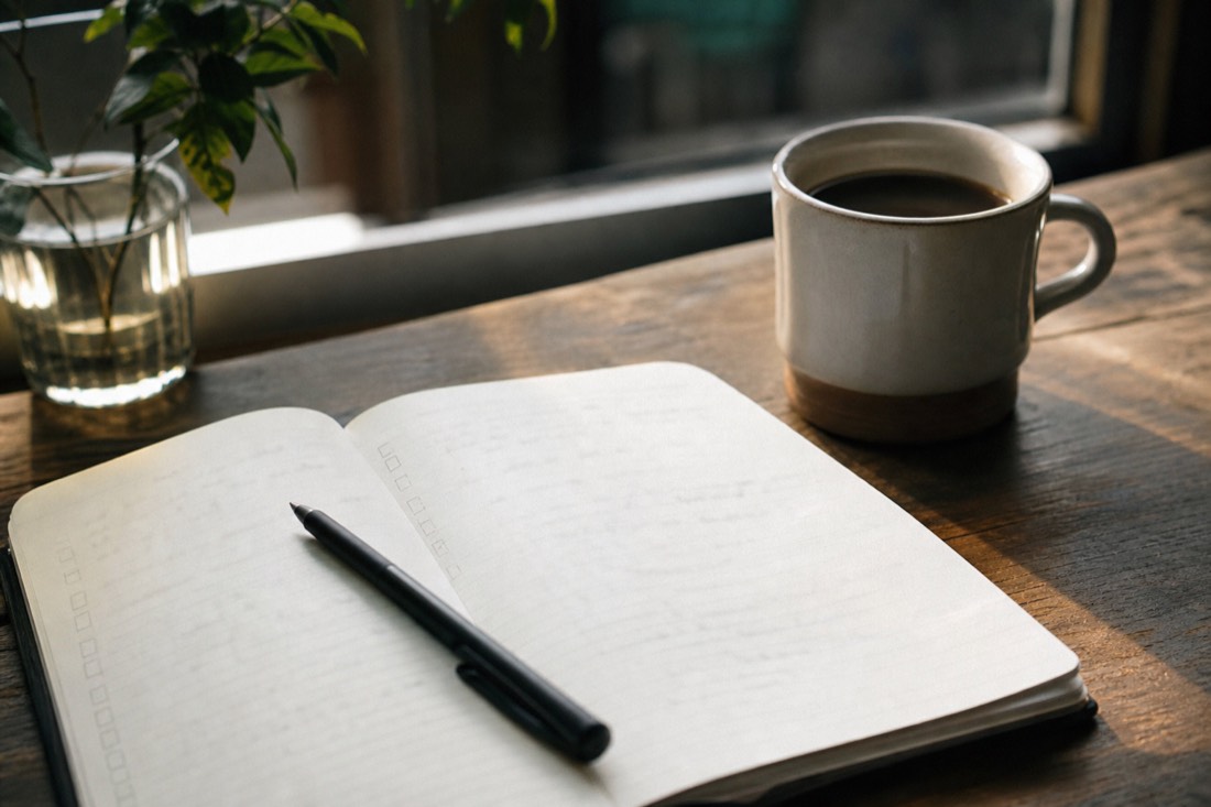 Open notebook with handwritten tick boxes next to a coffee cup on a wooden table in morning light