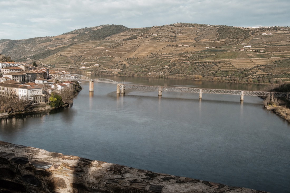 Wide view over the Douro river valley showing a working riverside town on one bank and steep vineyard terraces beyond