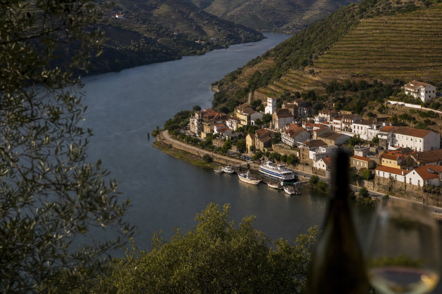 Douro river bending between terraced vineyard hills with a small riverside town and moored boats at the quay