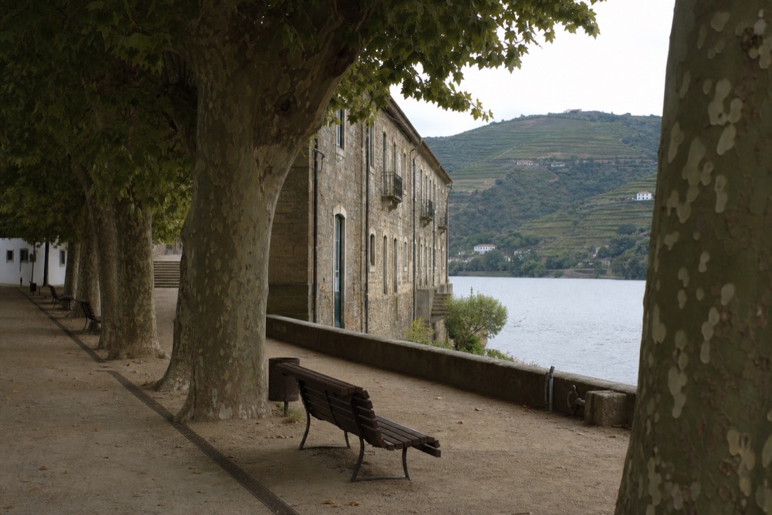 Riverfront promenade at Peso da Regua with an old stone warehouse building and vineyard hills across the Douro