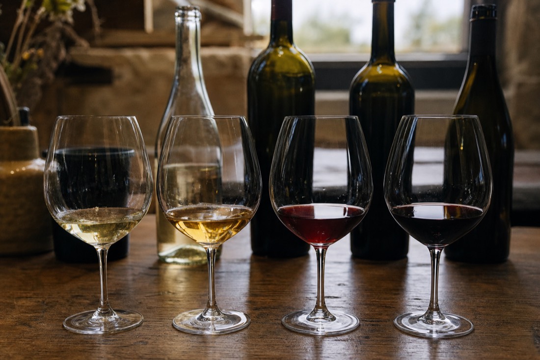 Four glasses of different wines from pale white to deep red lined up on a rustic wooden table