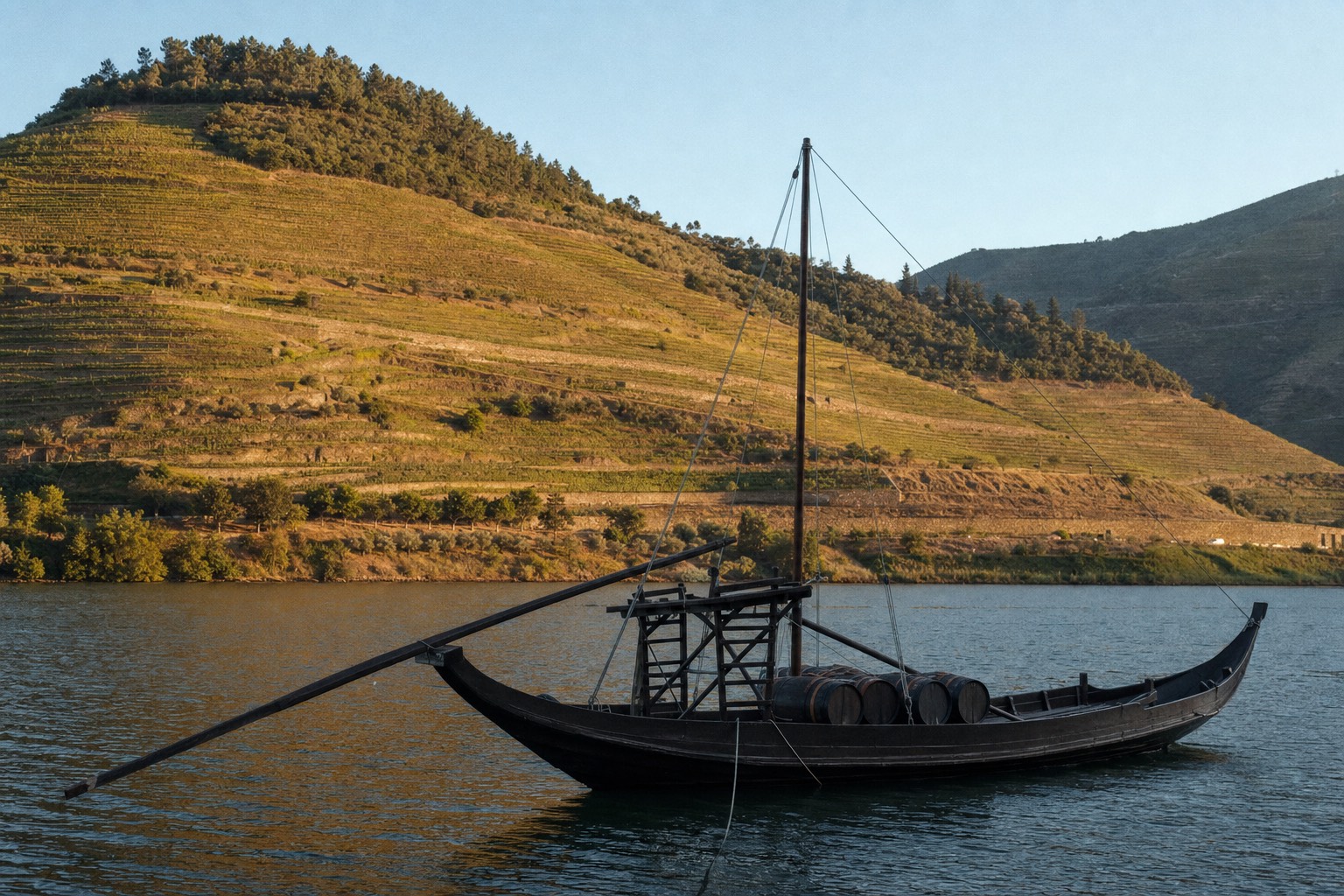 Traditional wooden rabelo boat with a tall stern oar moored on calm Douro water below terraced vineyards at golden hour