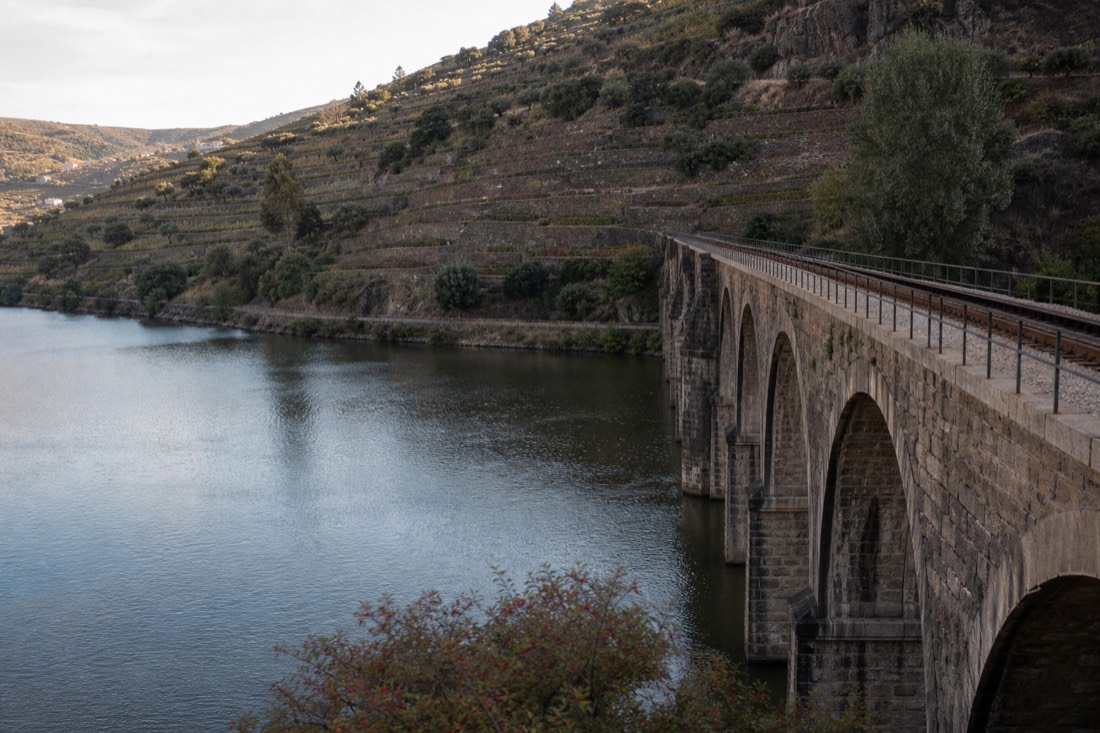 Stone railway bridge crossing the Douro river beside calm dammed water with terraced vineyards rising behind