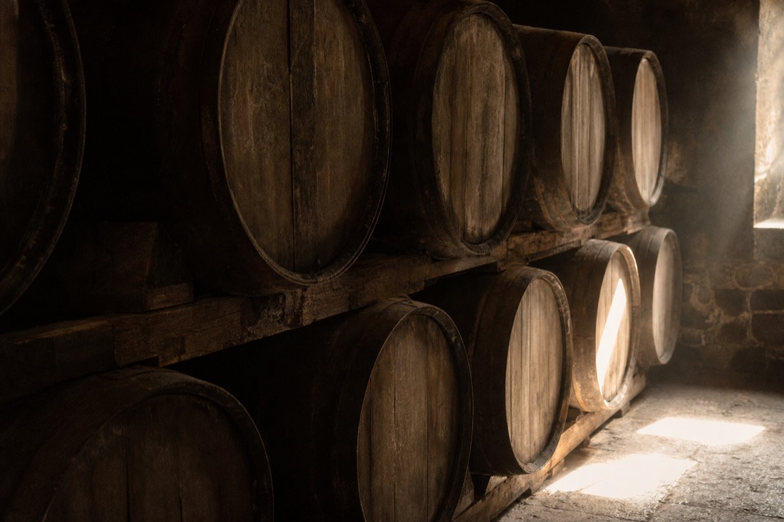 Rows of old wooden port casks stacked in a dim cellar with light falling across their curved staves