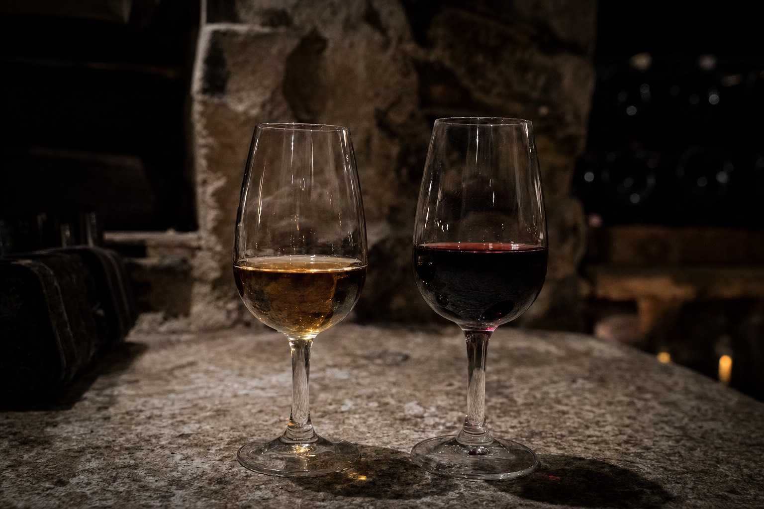 Amber tawny port and deep red ruby port in two glasses side by side against a dark cellar background