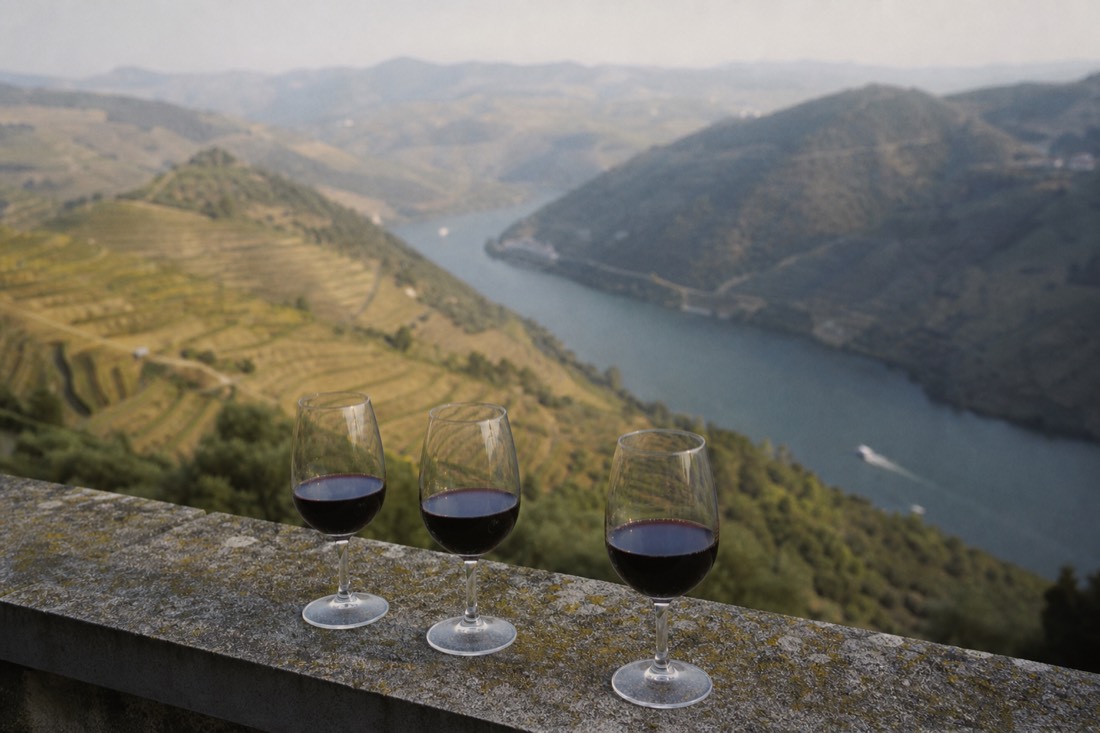 Flight of three port glasses on a stone terrace railing with terraced vineyards and the river far below