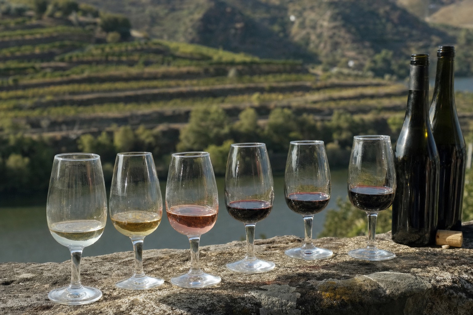 Row of port glasses on a stone ledge shading from pale gold white port to deep black-red vintage against terraced Douro hills