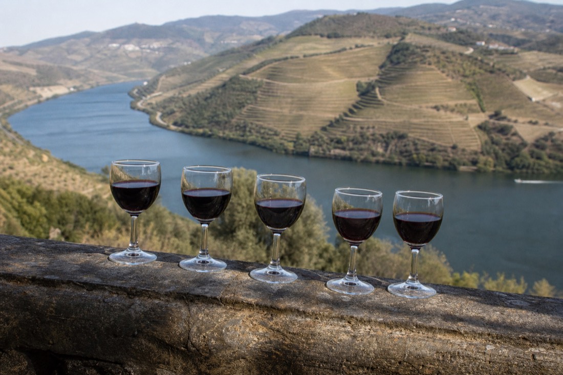 Flight of five port glasses lined up on a stone terrace rail with terraced vineyards falling to the river below