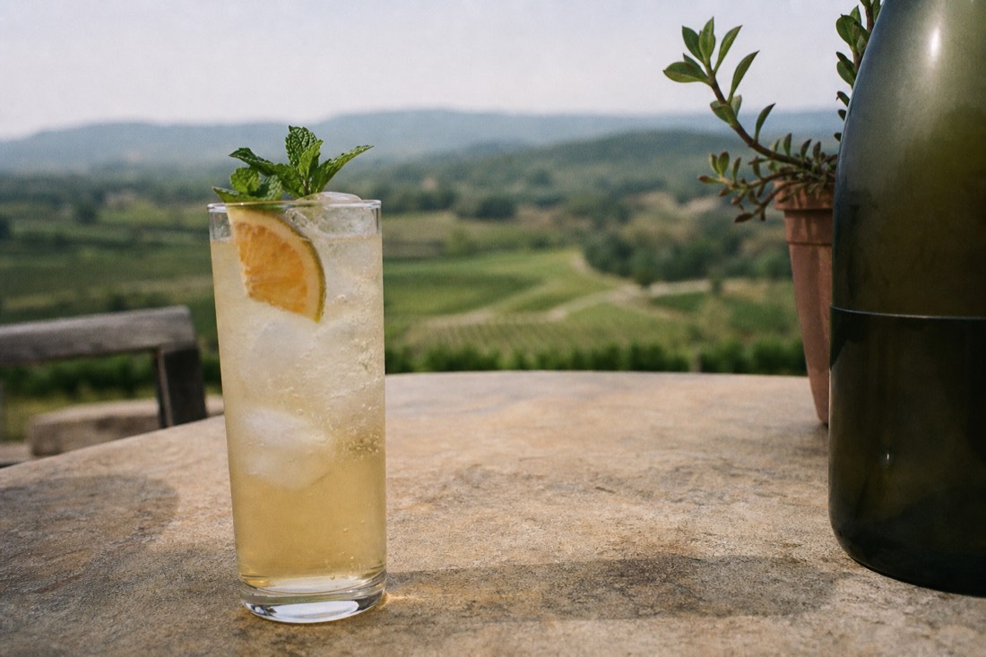 Tall glass of pale white port over ice with a slice of citrus and mint on a sunlit terrace table
