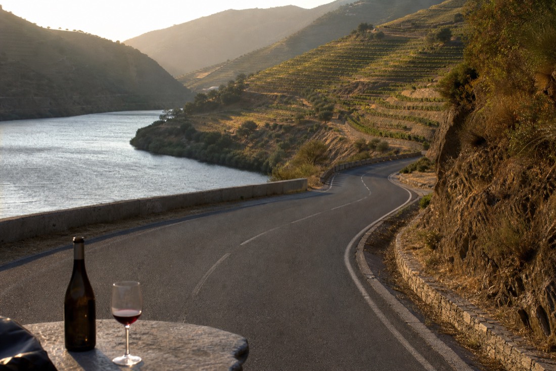 Winding riverside road hugging the Douro at golden hour with vineyard terraces glowing above the water