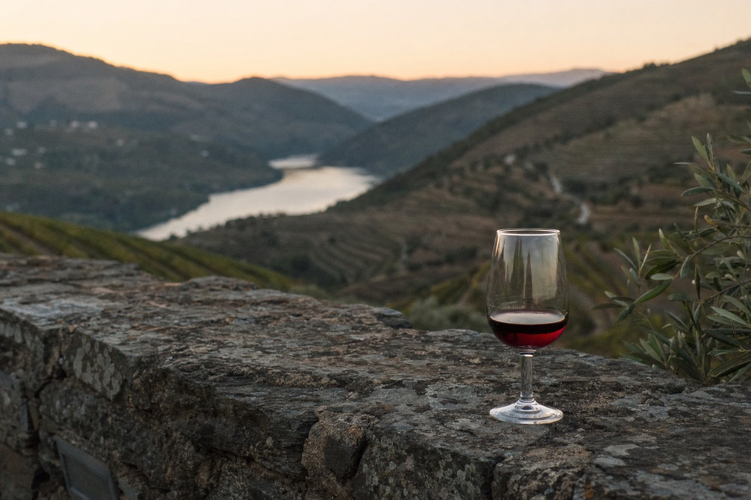 Glass of deep ruby port wine on a stone wall overlooking terraced Douro Valley vineyards at dusk