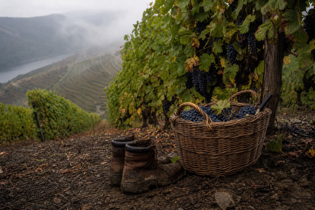 Muddy boots and a wicker grape basket beside vine rows heavy with dark grapes on a misty Douro morning