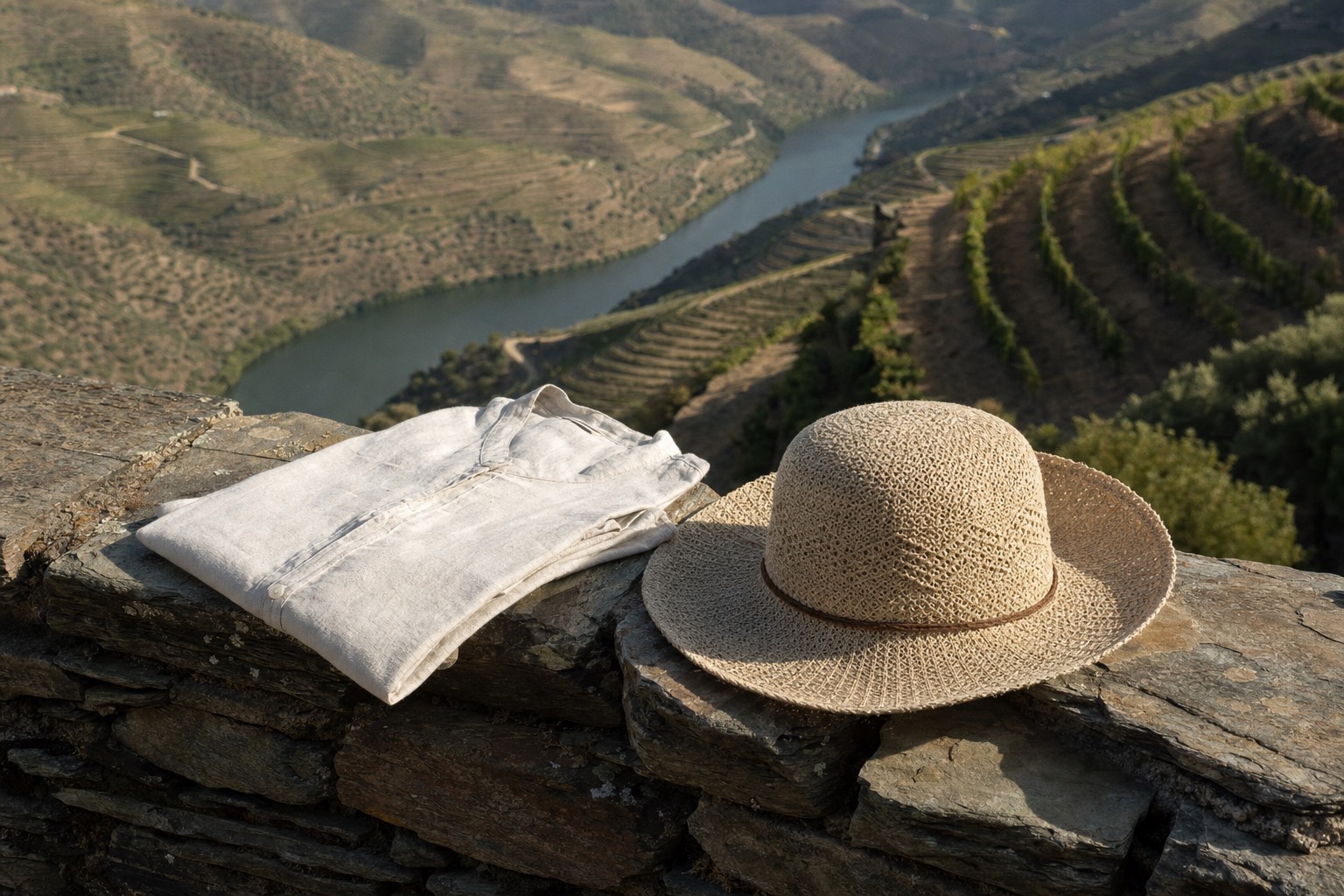 Linen shirt and sun hat resting on a stone wall above terraced Douro vineyards with the river below in afternoon light