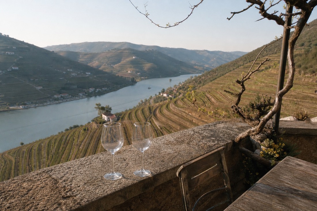 View over Douro Valley terraces from a quinta terrace with two empty tasting glasses resting on a stone rail