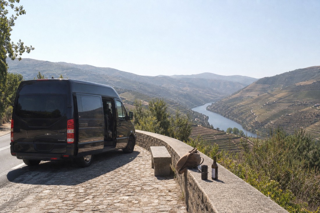 A tour van parked on the N222 above the terraced Douro Valley with the river falling away below