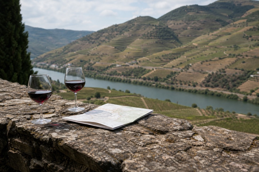 Wine glasses and a paper map of the Douro Valley laid out on a stone wall above terraced vineyards