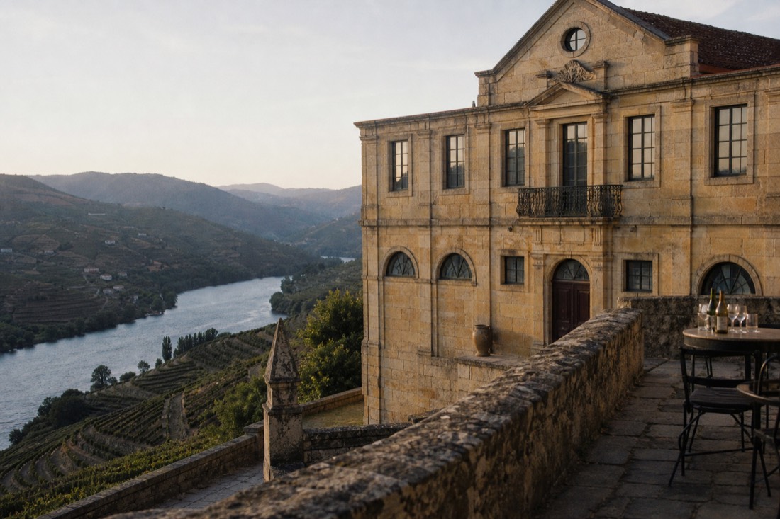 A honey-stone 19th century manor house on a hillside above the Douro with vineyards falling to the river