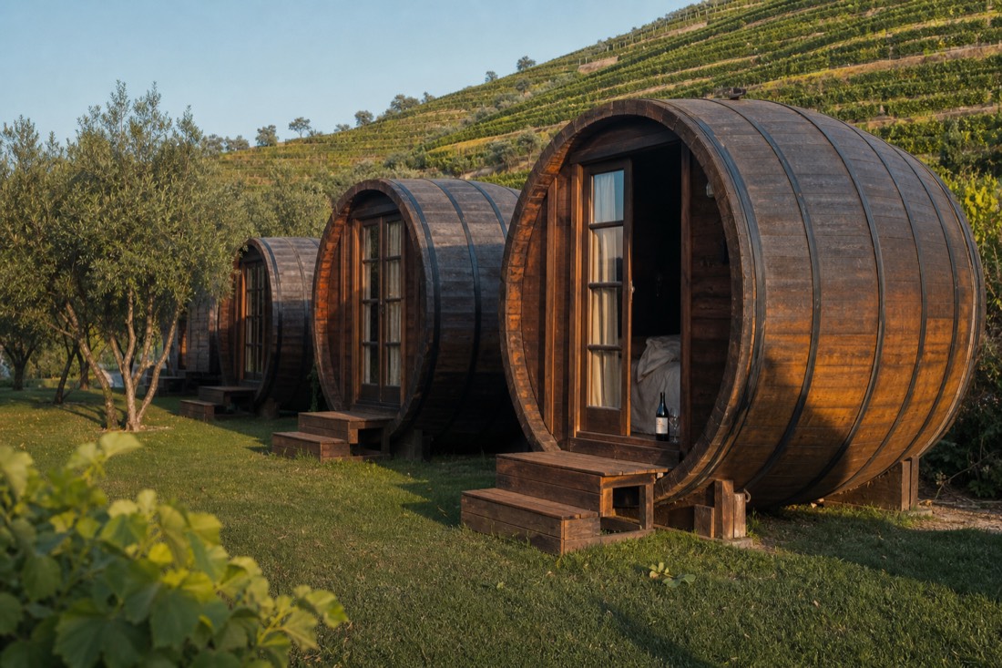 Giant wine barrel shaped guest cabins on a lawn beside vineyards, the signature sight at a famous Douro estate