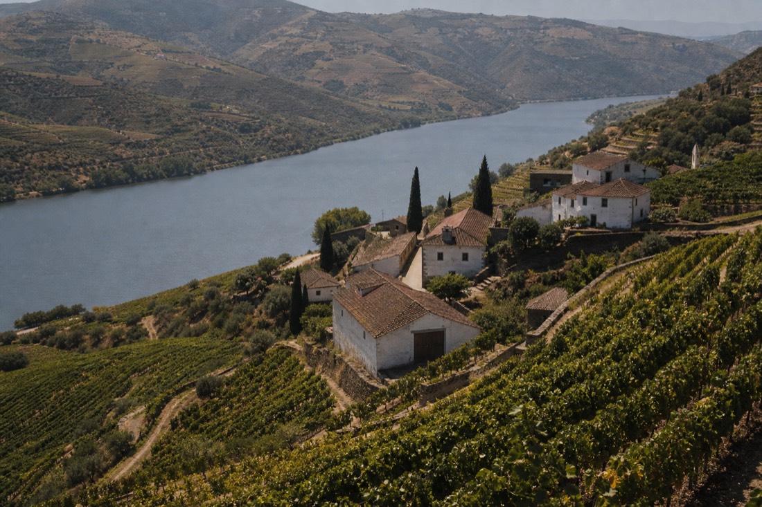 Several whitewashed wine estate buildings scattered across steep terraced vineyards along a bend of the Douro river in afternoon light