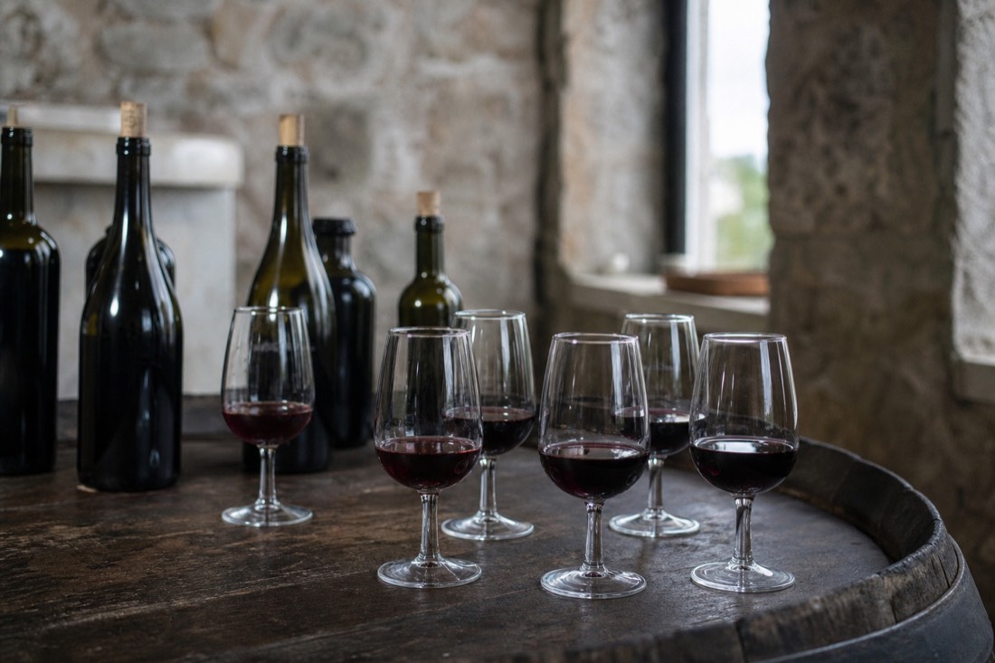 Tasting glasses of port and Douro red set out on a barrel top in a small estate cellar