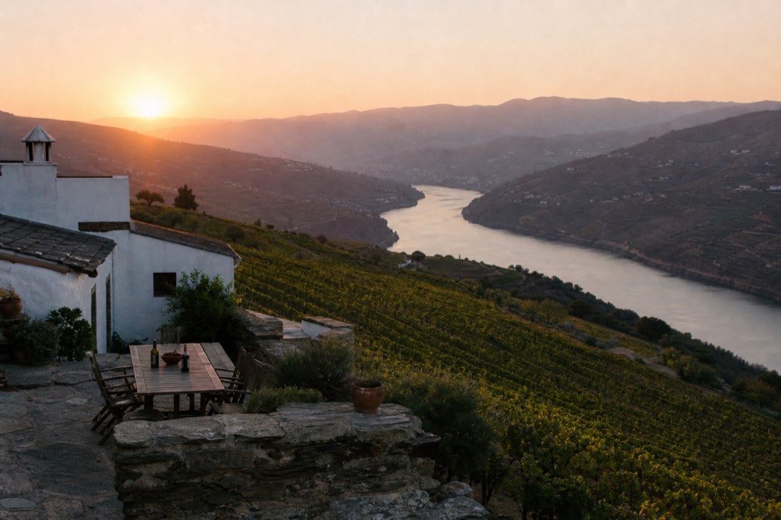 Sunset colors over a quinta and vineyard rows high above the Douro River