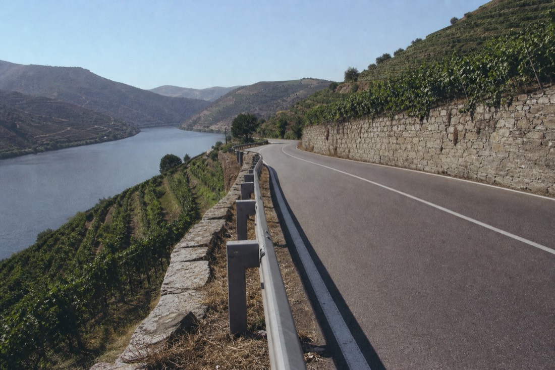 Empty N222 road curving between vineyard terraces and the Douro River mid-morning
