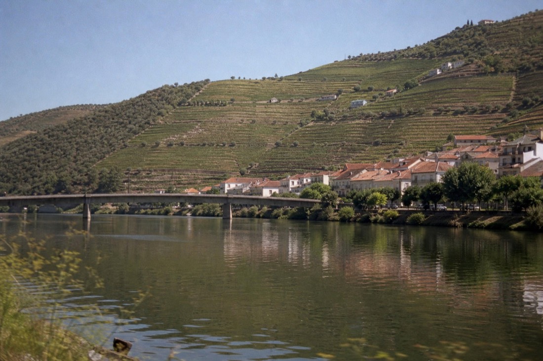 Small riverside town on a bend of the Douro with a bridge and terraced hills behind it