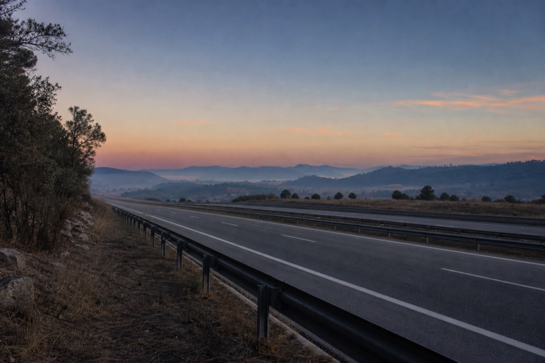 Dawn over an empty Portuguese motorway heading north, the start of a very long Douro day from Lisbon