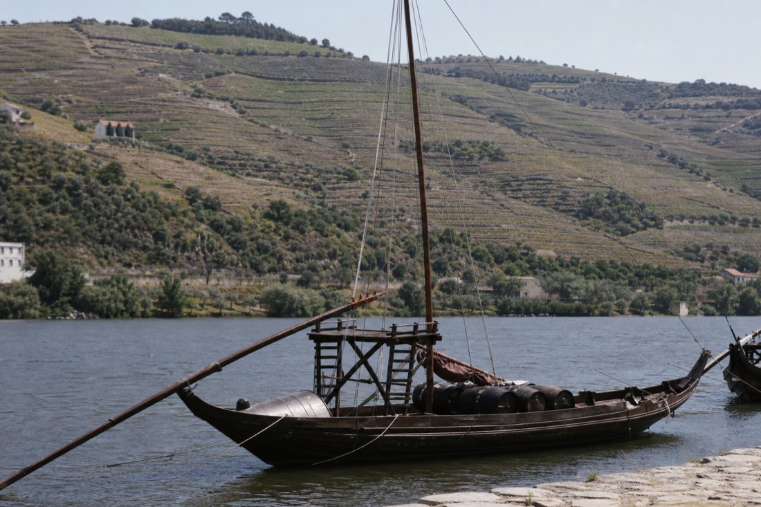 Traditional wooden rabelo boat on the Douro River between vineyard-covered hills near Pinhao