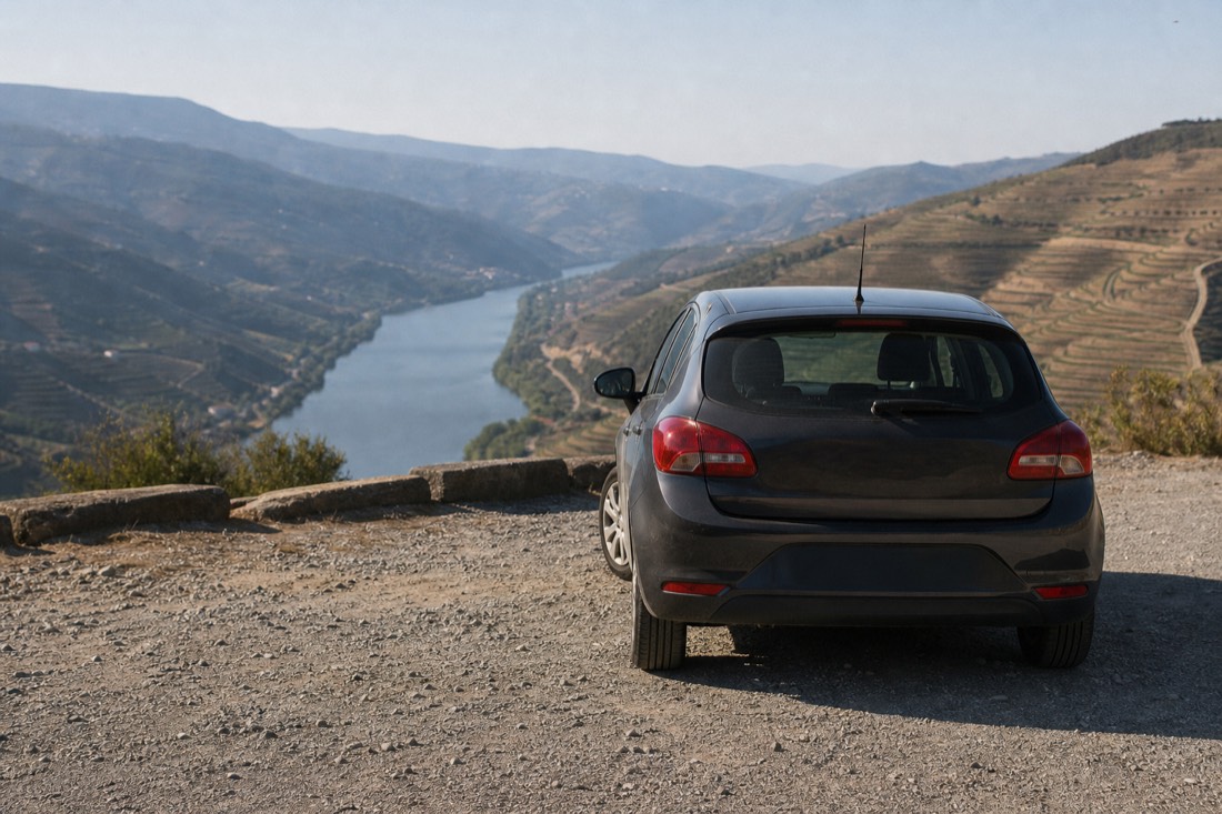 Rental car parked at a gravel pullout overlooking terraced Douro vineyards and a bend in the river