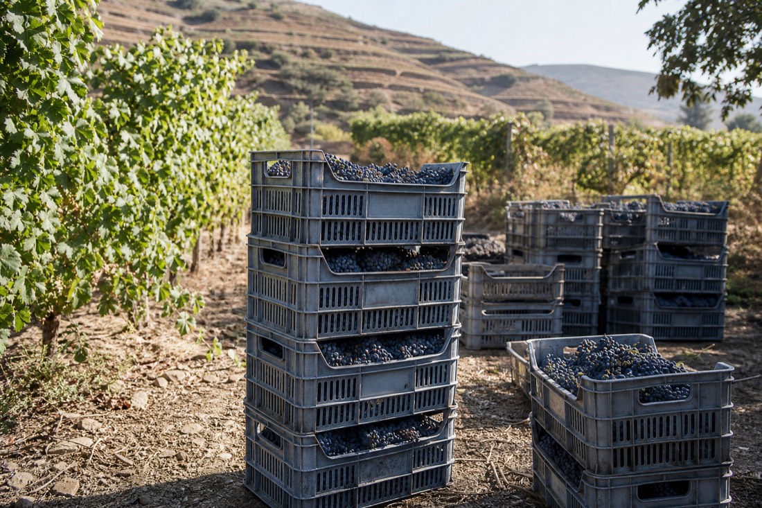 Grape harvest crates stacked between vine rows during vindima season in the Douro