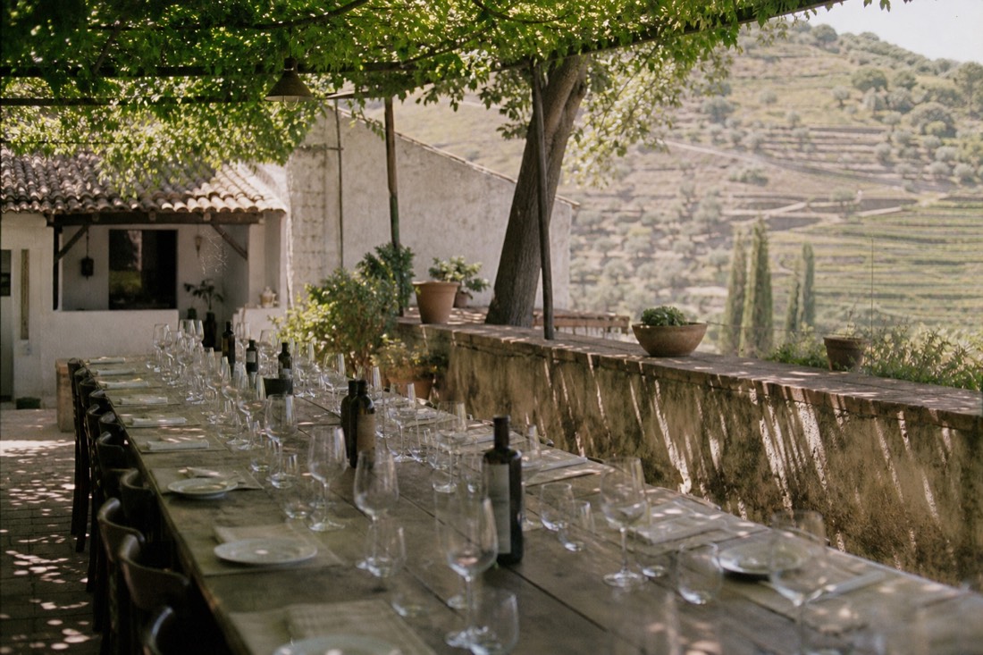 A quiet quinta courtyard with a tasting table laid with clean glasses ready for a booked group, vines overhead