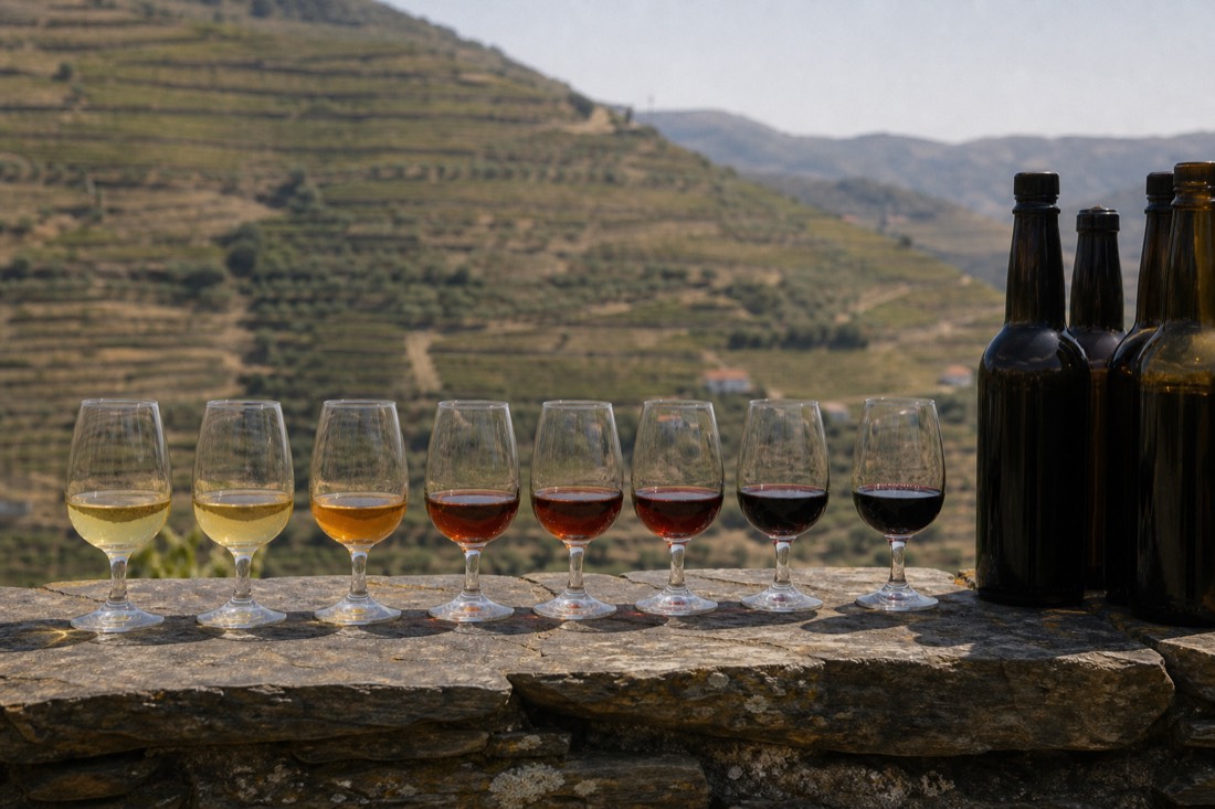 A row of small pours on a schist stone ledge running from pale white port to deep red Douro wine with terraced vineyards behind
