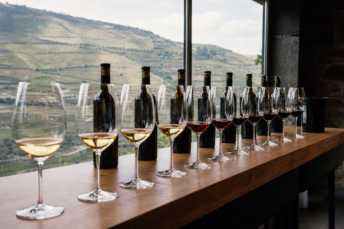 Row of Douro wine glasses on a tasting bar with terraced vineyards through the window behind
