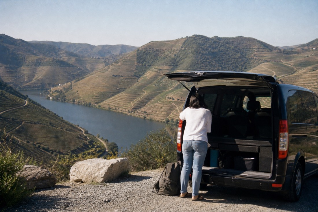 Small tour van parked at a Douro viewpoint pull-off with terraced slopes falling away below