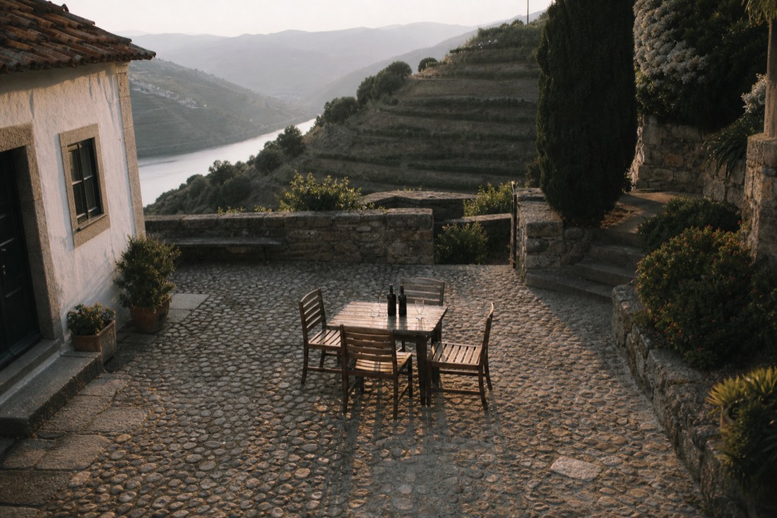 Golden evening light across a Douro quinta courtyard and the terraced slopes beyond, the kind of view worth staying overnight for