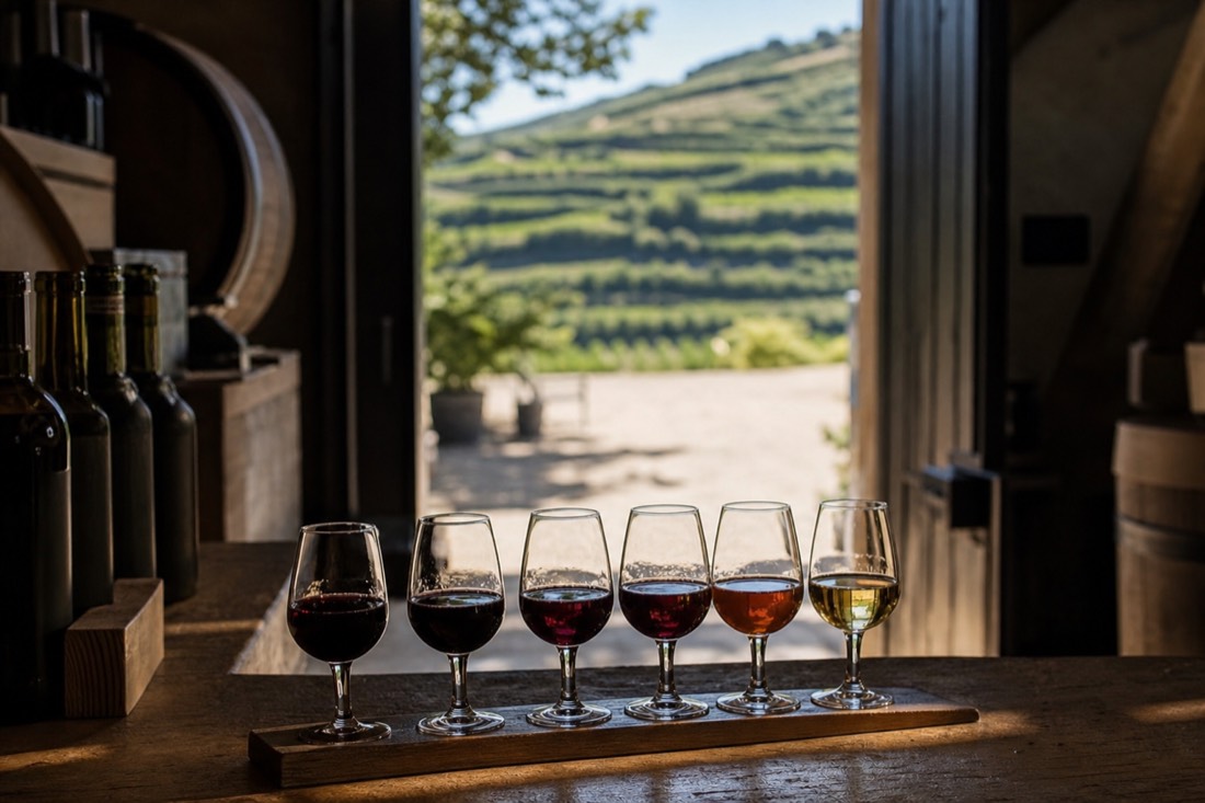 Port and Douro wine tasting flight arranged on a quinta counter with terraced vineyards framed through an open cellar door