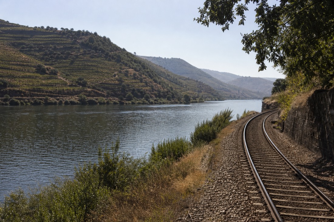 Douro River running close beside the railway with terraced vineyards climbing the far bank