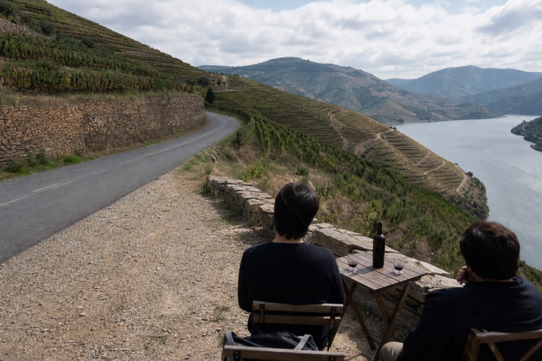 N222 road winding between steep terraced vineyards above the Douro River with a small pull-off