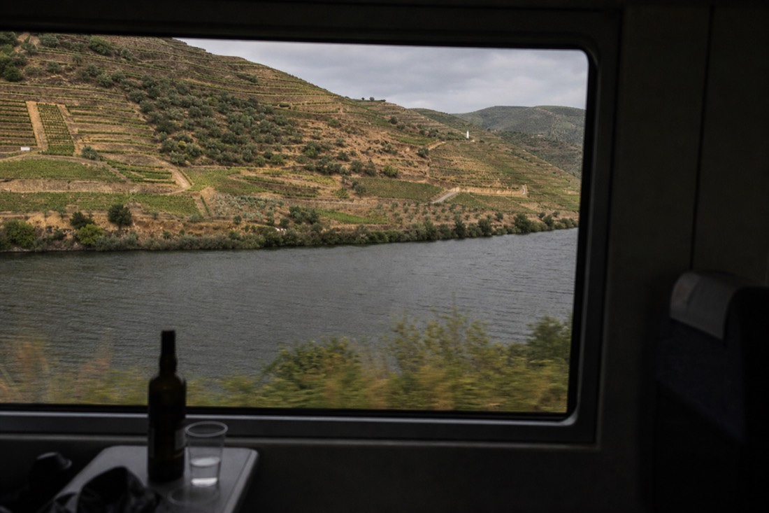 Train window view of the Douro River and terraced vineyards on the approach to Pinhão